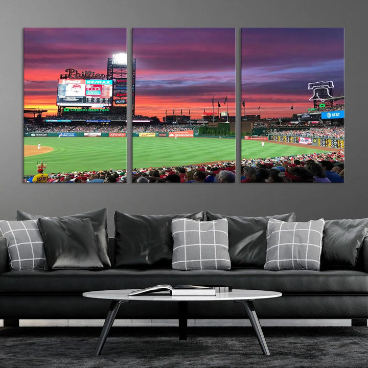 Philadelphia Phillies Baseball Team Print - a stunning canvas print of Philadelphia Citizens Bank Park Stadium at sunset, showcasing an action-packed game with a vibrant crowd. This piece is finished with gallery-quality precision, transforming it into compelling wall art that elevates any space.