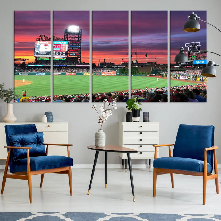 Philadelphia Phillies Baseball Team Print - a stunning canvas print of Philadelphia Citizens Bank Park Stadium at sunset, showcasing an action-packed game with a vibrant crowd. This piece is finished with gallery-quality precision, transforming it into compelling wall art that elevates any space.