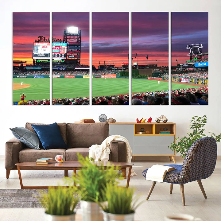 Philadelphia Phillies Baseball Team Print - a stunning canvas print of Philadelphia Citizens Bank Park Stadium at sunset, showcasing an action-packed game with a vibrant crowd. This piece is finished with gallery-quality precision, transforming it into compelling wall art that elevates any space.