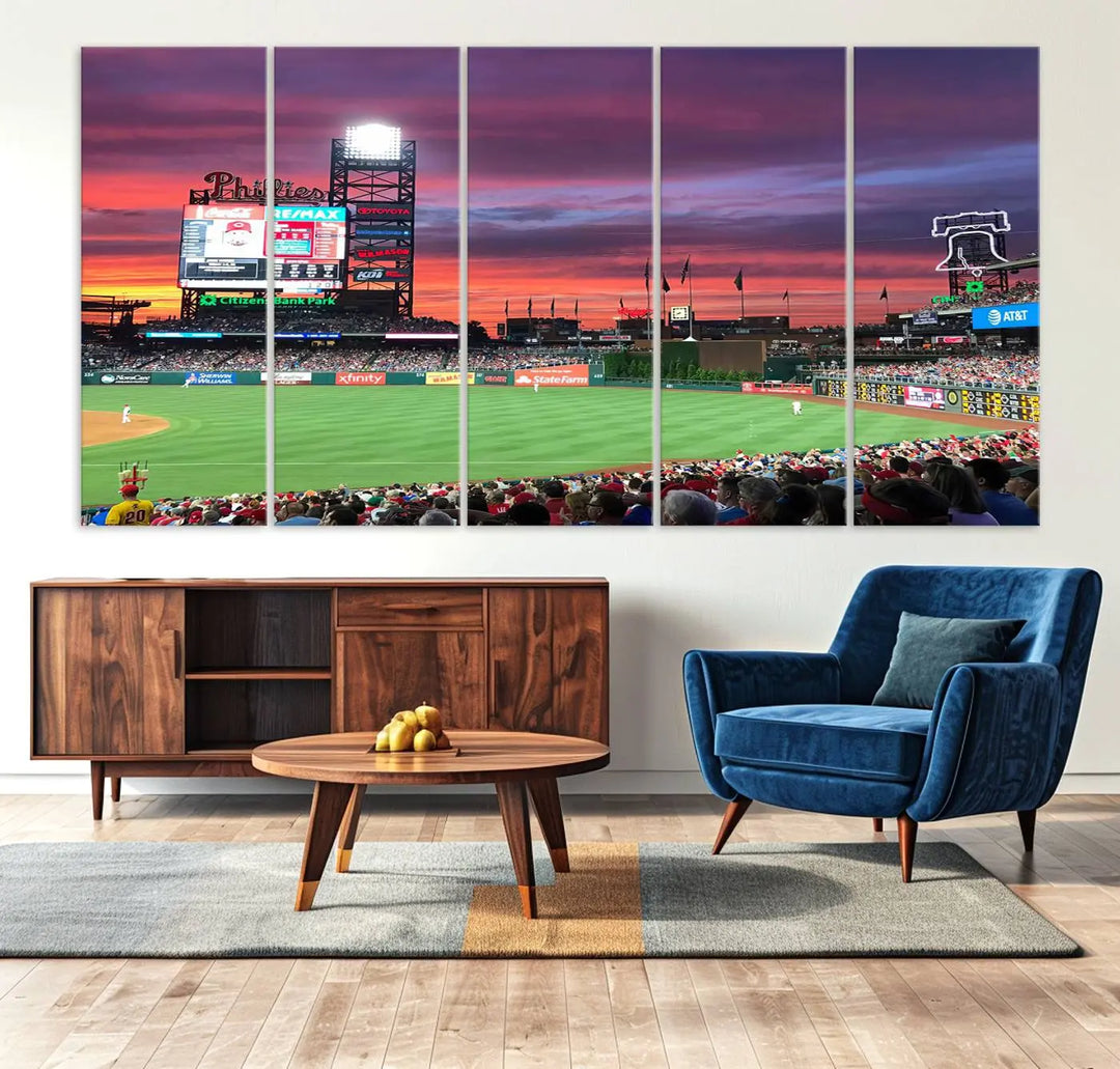 Philadelphia Phillies Baseball Team Print - a stunning canvas print of Philadelphia Citizens Bank Park Stadium at sunset, showcasing an action-packed game with a vibrant crowd. This piece is finished with gallery-quality precision, transforming it into compelling wall art that elevates any space.