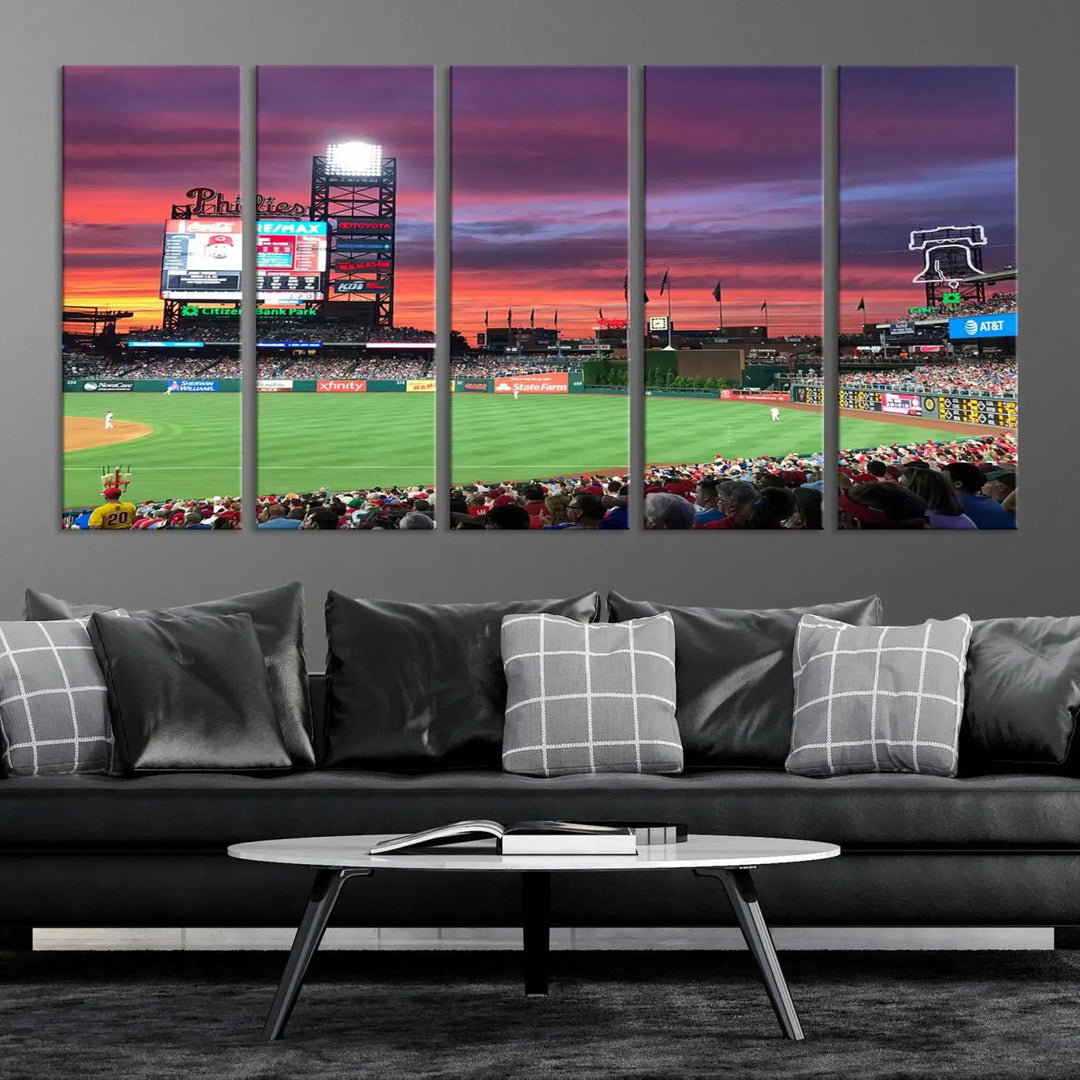 Philadelphia Phillies Baseball Team Print - a stunning canvas print of Philadelphia Citizens Bank Park Stadium at sunset, showcasing an action-packed game with a vibrant crowd. This piece is finished with gallery-quality precision, transforming it into compelling wall art that elevates any space.