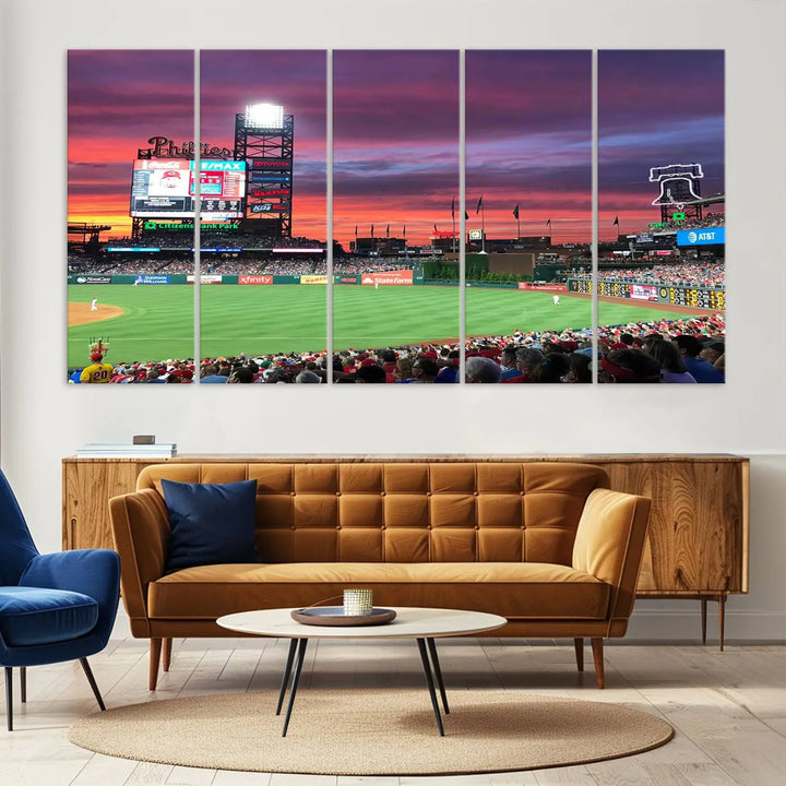 Philadelphia Phillies Baseball Team Print - a stunning canvas print of Philadelphia Citizens Bank Park Stadium at sunset, showcasing an action-packed game with a vibrant crowd. This piece is finished with gallery-quality precision, transforming it into compelling wall art that elevates any space.