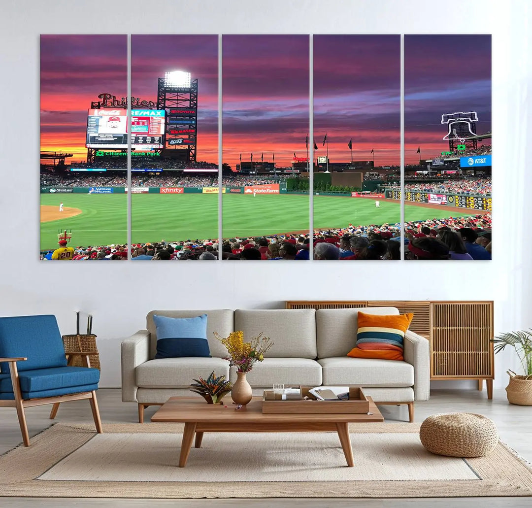 Philadelphia Phillies Baseball Team Print - a stunning canvas print of Philadelphia Citizens Bank Park Stadium at sunset, showcasing an action-packed game with a vibrant crowd. This piece is finished with gallery-quality precision, transforming it into compelling wall art that elevates any space.