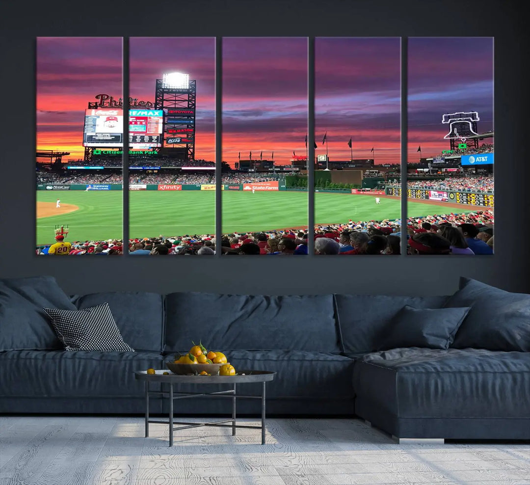 Philadelphia Phillies Baseball Team Print - a stunning canvas print of Philadelphia Citizens Bank Park Stadium at sunset, showcasing an action-packed game with a vibrant crowd. This piece is finished with gallery-quality precision, transforming it into compelling wall art that elevates any space.