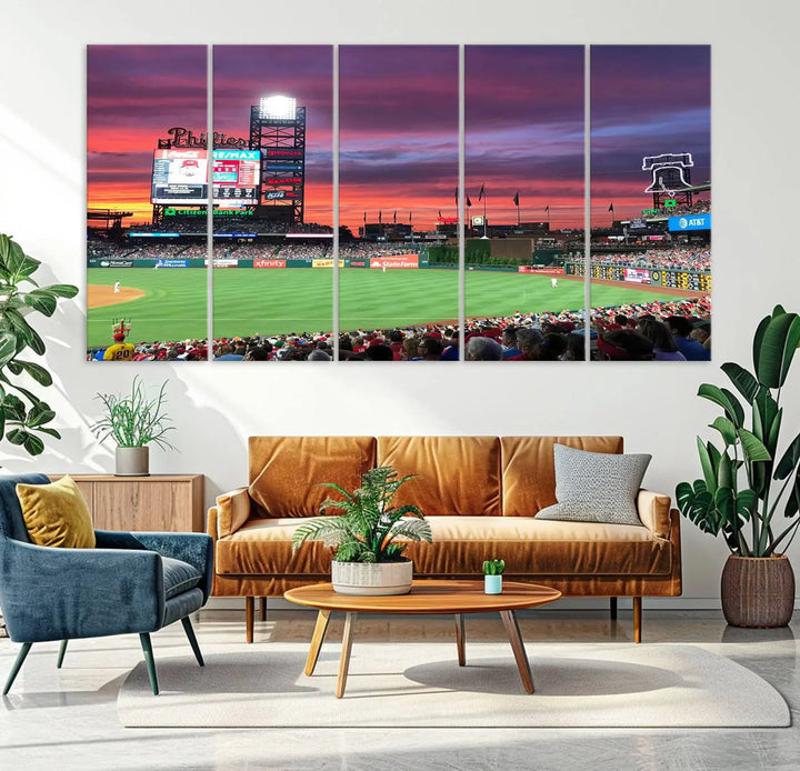 Philadelphia Phillies Baseball Team Print - a stunning canvas print of Philadelphia Citizens Bank Park Stadium at sunset, showcasing an action-packed game with a vibrant crowd. This piece is finished with gallery-quality precision, transforming it into compelling wall art that elevates any space.