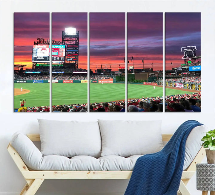 Philadelphia Phillies Baseball Team Print - a stunning canvas print of Philadelphia Citizens Bank Park Stadium at sunset, showcasing an action-packed game with a vibrant crowd. This piece is finished with gallery-quality precision, transforming it into compelling wall art that elevates any space.