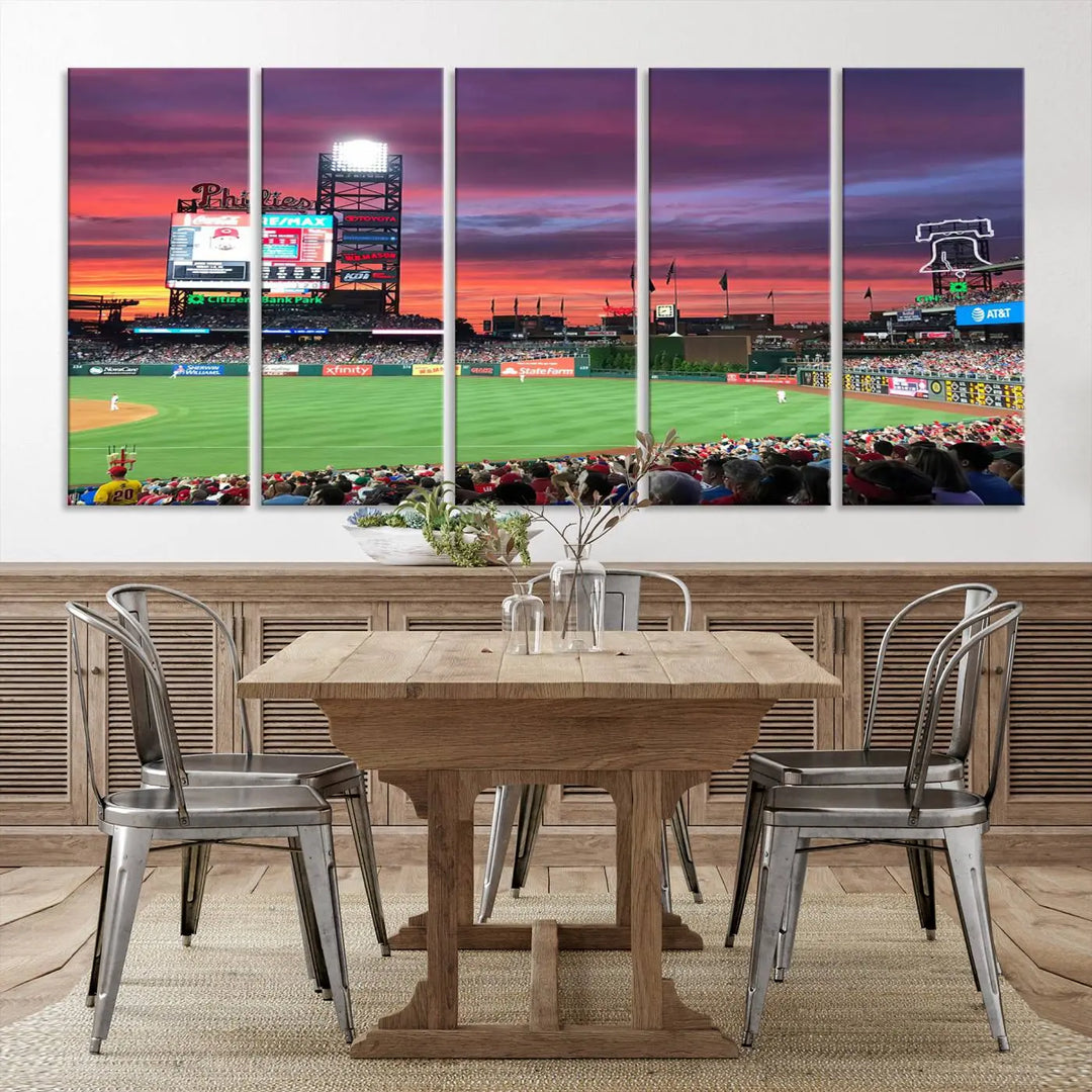 Philadelphia Phillies Baseball Team Print - a stunning canvas print of Philadelphia Citizens Bank Park Stadium at sunset, showcasing an action-packed game with a vibrant crowd. This piece is finished with gallery-quality precision, transforming it into compelling wall art that elevates any space.