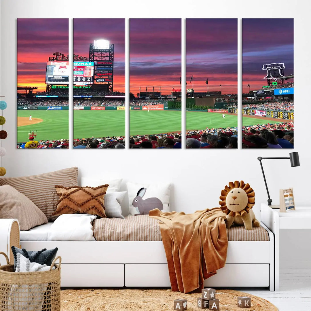 Philadelphia Phillies Baseball Team Print - a stunning canvas print of Philadelphia Citizens Bank Park Stadium at sunset, showcasing an action-packed game with a vibrant crowd. This piece is finished with gallery-quality precision, transforming it into compelling wall art that elevates any space.