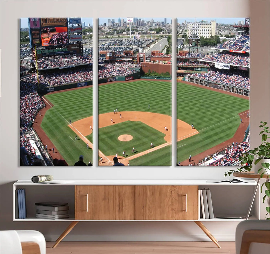 Philadelphia Phillies Baseball Team Print, a canvas print showcasing a stunning panoramic view of Citizens Bank Park stadium filled with enthusiastic fans, is displayed with a gallery-quality finish.