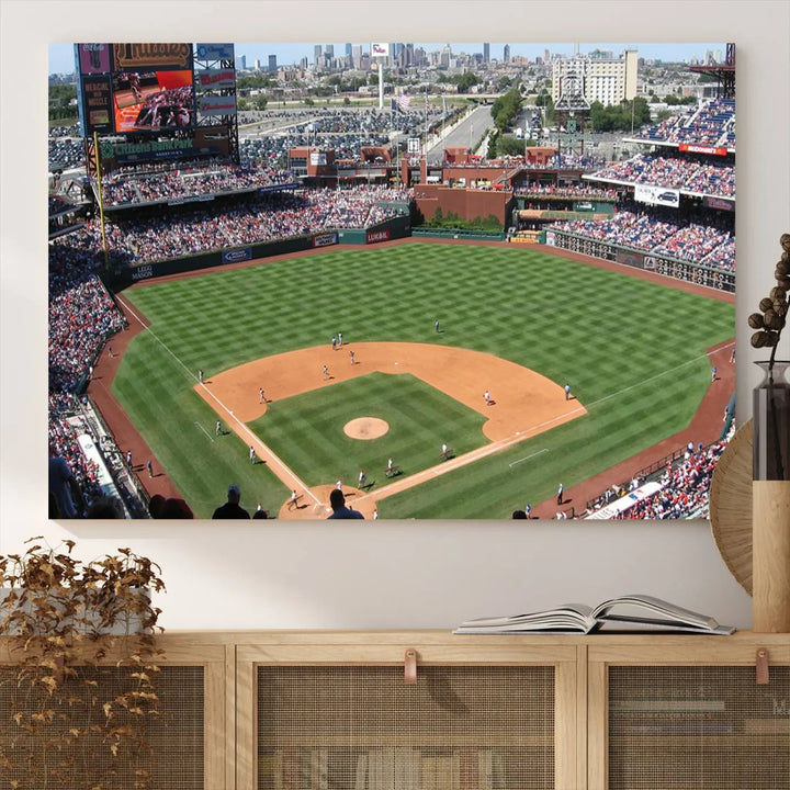 Philadelphia Phillies Baseball Team Print, a canvas print showcasing a stunning panoramic view of Citizens Bank Park stadium filled with enthusiastic fans, is displayed with a gallery-quality finish.