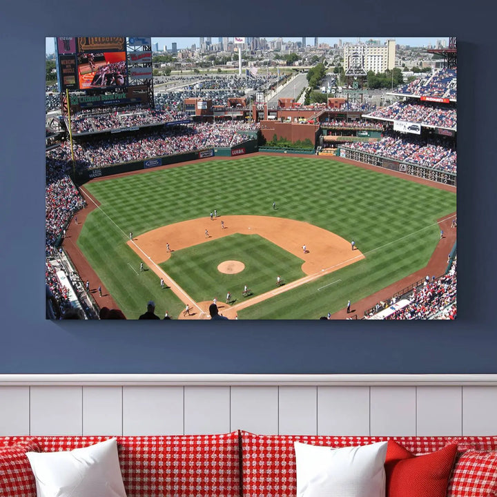 Philadelphia Phillies Baseball Team Print, a canvas print showcasing a stunning panoramic view of Citizens Bank Park stadium filled with enthusiastic fans, is displayed with a gallery-quality finish.