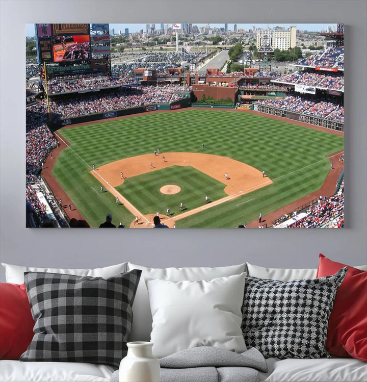 Philadelphia Phillies Baseball Team Print, a canvas print showcasing a stunning panoramic view of Citizens Bank Park stadium filled with enthusiastic fans, is displayed with a gallery-quality finish.