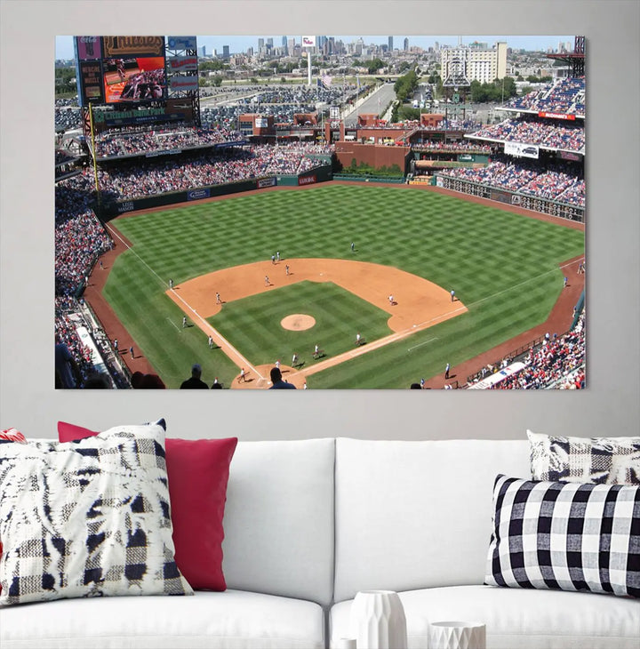 Philadelphia Phillies Baseball Team Print, a canvas print showcasing a stunning panoramic view of Citizens Bank Park stadium filled with enthusiastic fans, is displayed with a gallery-quality finish.