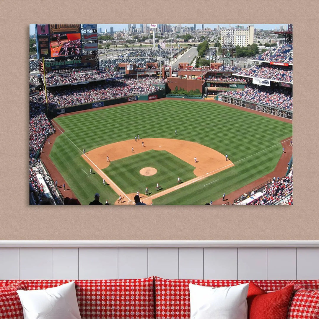 Philadelphia Phillies Baseball Team Print, a canvas print showcasing a stunning panoramic view of Citizens Bank Park stadium filled with enthusiastic fans, is displayed with a gallery-quality finish.