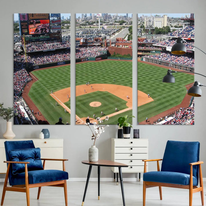 Philadelphia Phillies Baseball Team Print, a canvas print showcasing a stunning panoramic view of Citizens Bank Park stadium filled with enthusiastic fans, is displayed with a gallery-quality finish.