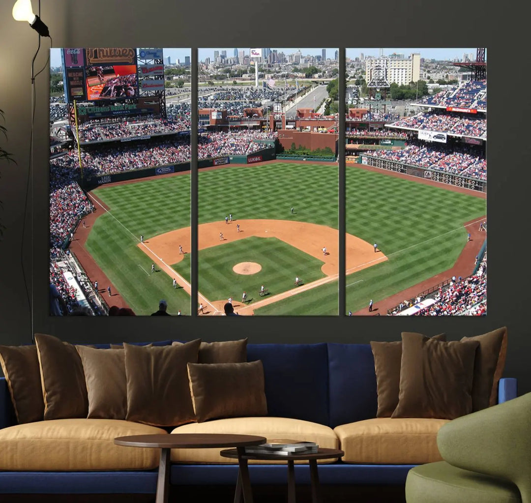 Philadelphia Phillies Baseball Team Print, a canvas print showcasing a stunning panoramic view of Citizens Bank Park stadium filled with enthusiastic fans, is displayed with a gallery-quality finish.