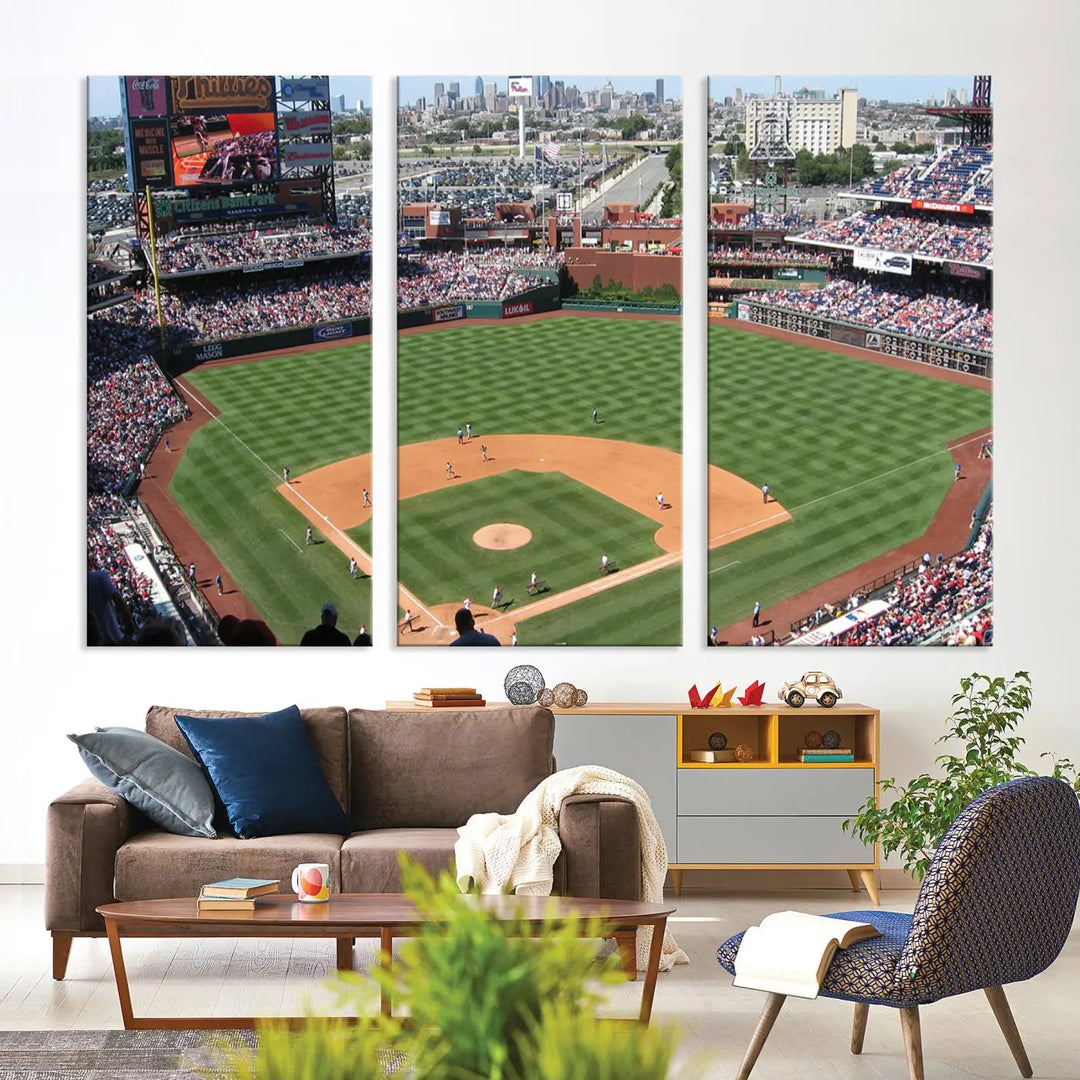 Philadelphia Phillies Baseball Team Print, a canvas print showcasing a stunning panoramic view of Citizens Bank Park stadium filled with enthusiastic fans, is displayed with a gallery-quality finish.