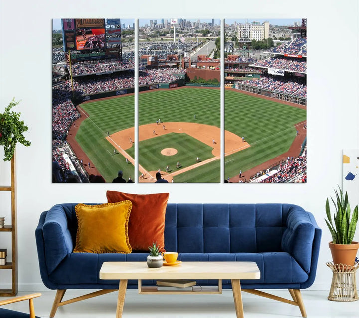 Philadelphia Phillies Baseball Team Print, a canvas print showcasing a stunning panoramic view of Citizens Bank Park stadium filled with enthusiastic fans, is displayed with a gallery-quality finish.