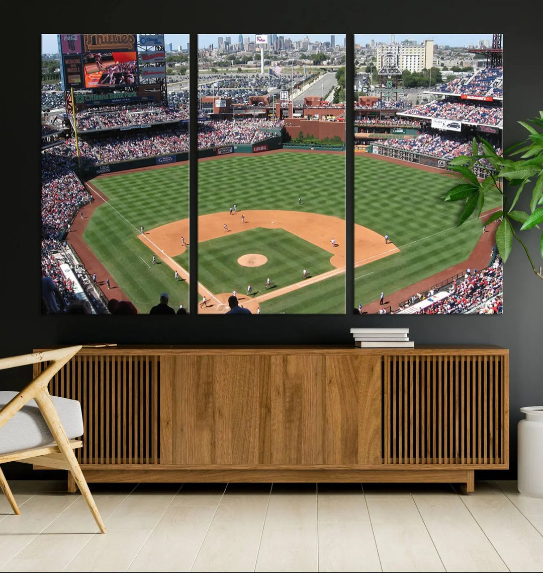 Philadelphia Phillies Baseball Team Print, a canvas print showcasing a stunning panoramic view of Citizens Bank Park stadium filled with enthusiastic fans, is displayed with a gallery-quality finish.