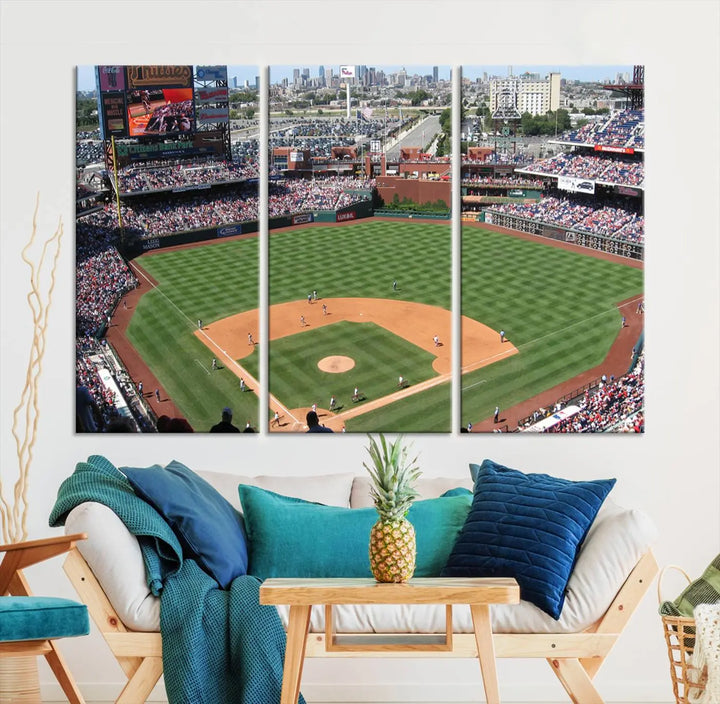 Philadelphia Phillies Baseball Team Print, a canvas print showcasing a stunning panoramic view of Citizens Bank Park stadium filled with enthusiastic fans, is displayed with a gallery-quality finish.