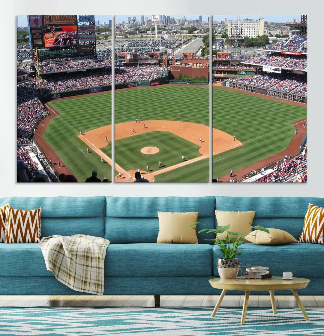 Philadelphia Phillies Baseball Team Print, a canvas print showcasing a stunning panoramic view of Citizens Bank Park stadium filled with enthusiastic fans, is displayed with a gallery-quality finish.