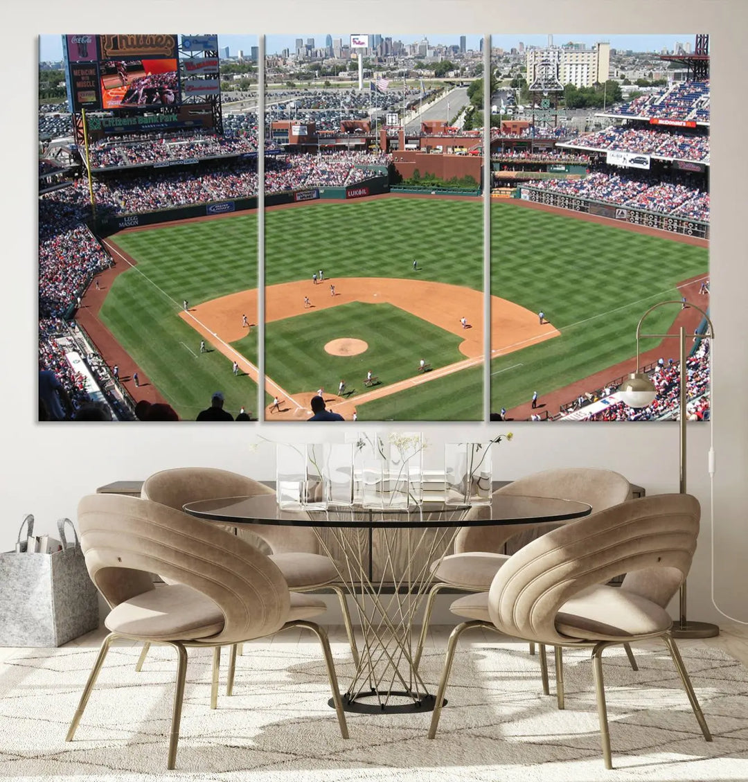 Philadelphia Phillies Baseball Team Print, a canvas print showcasing a stunning panoramic view of Citizens Bank Park stadium filled with enthusiastic fans, is displayed with a gallery-quality finish.