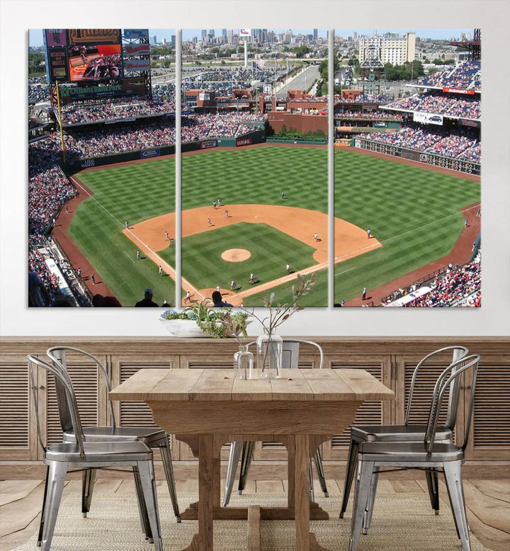 Philadelphia Phillies Baseball Team Print, a canvas print showcasing a stunning panoramic view of Citizens Bank Park stadium filled with enthusiastic fans, is displayed with a gallery-quality finish.