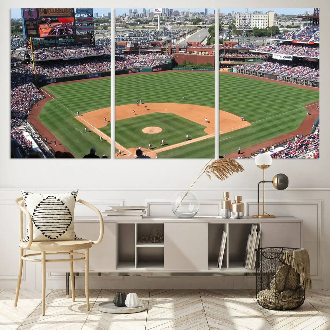 Philadelphia Phillies Baseball Team Print, a canvas print showcasing a stunning panoramic view of Citizens Bank Park stadium filled with enthusiastic fans, is displayed with a gallery-quality finish.