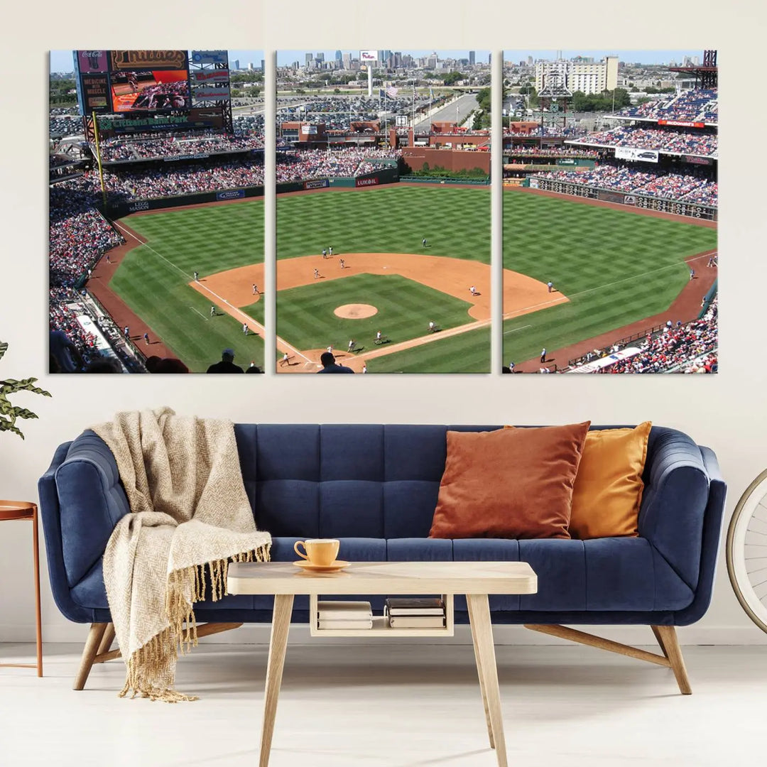 Philadelphia Phillies Baseball Team Print, a canvas print showcasing a stunning panoramic view of Citizens Bank Park stadium filled with enthusiastic fans, is displayed with a gallery-quality finish.