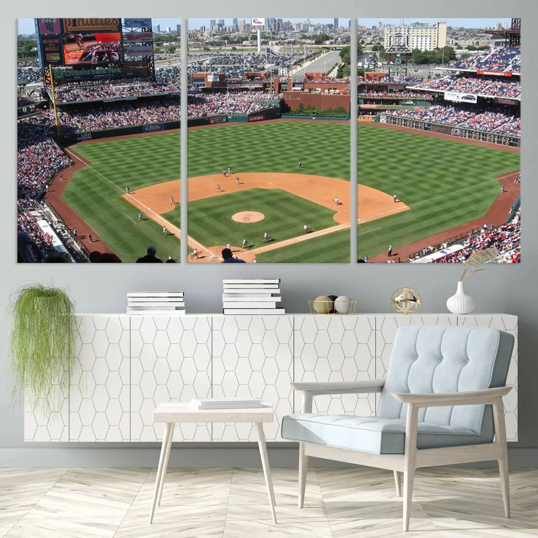 Philadelphia Phillies Baseball Team Print, a canvas print showcasing a stunning panoramic view of Citizens Bank Park stadium filled with enthusiastic fans, is displayed with a gallery-quality finish.