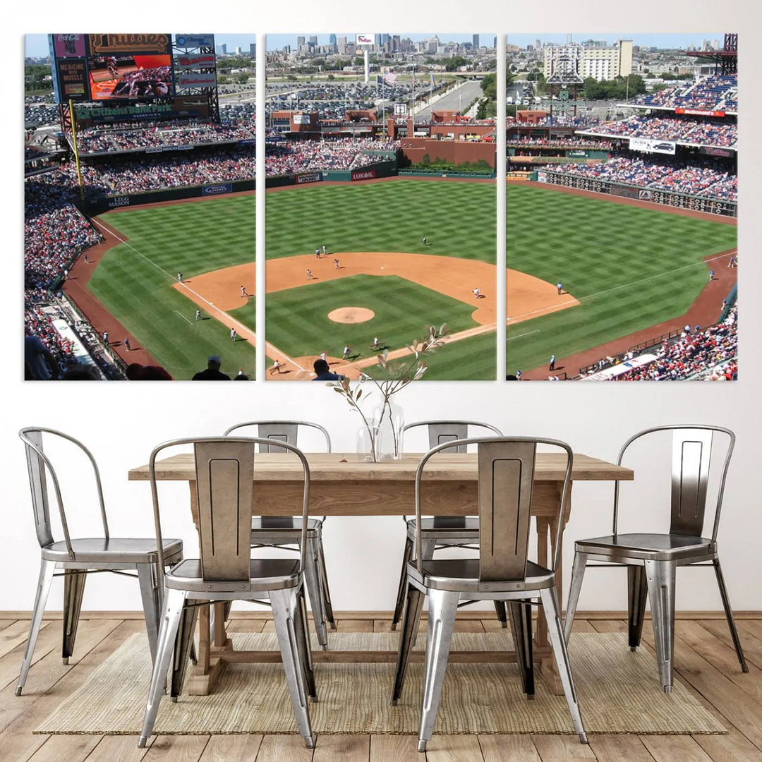 Philadelphia Phillies Baseball Team Print, a canvas print showcasing a stunning panoramic view of Citizens Bank Park stadium filled with enthusiastic fans, is displayed with a gallery-quality finish.