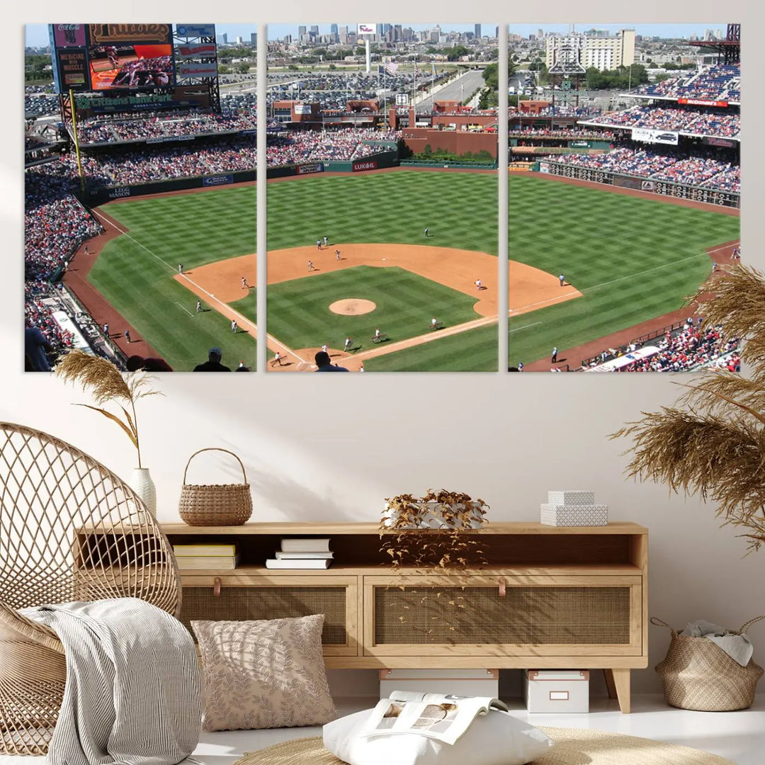 Philadelphia Phillies Baseball Team Print, a canvas print showcasing a stunning panoramic view of Citizens Bank Park stadium filled with enthusiastic fans, is displayed with a gallery-quality finish.