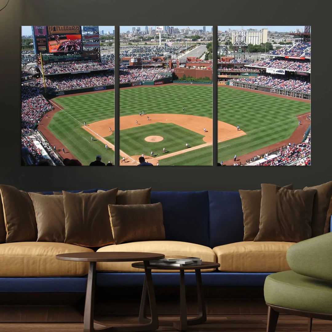 Philadelphia Phillies Baseball Team Print, a canvas print showcasing a stunning panoramic view of Citizens Bank Park stadium filled with enthusiastic fans, is displayed with a gallery-quality finish.