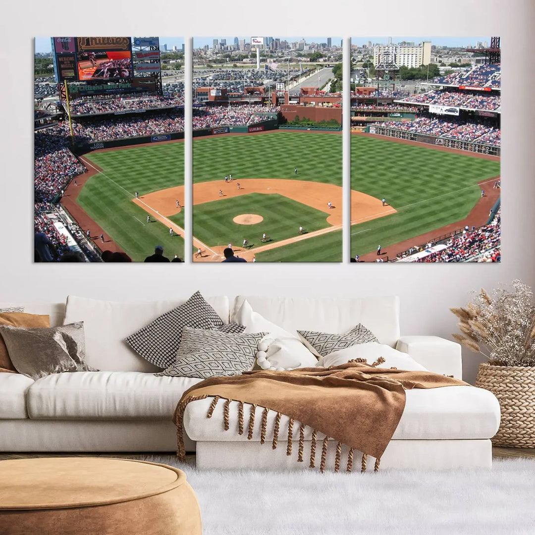 Philadelphia Phillies Baseball Team Print, a canvas print showcasing a stunning panoramic view of Citizens Bank Park stadium filled with enthusiastic fans, is displayed with a gallery-quality finish.