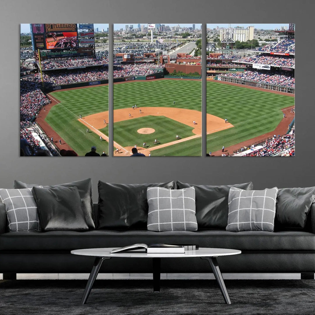 Philadelphia Phillies Baseball Team Print, a canvas print showcasing a stunning panoramic view of Citizens Bank Park stadium filled with enthusiastic fans, is displayed with a gallery-quality finish.