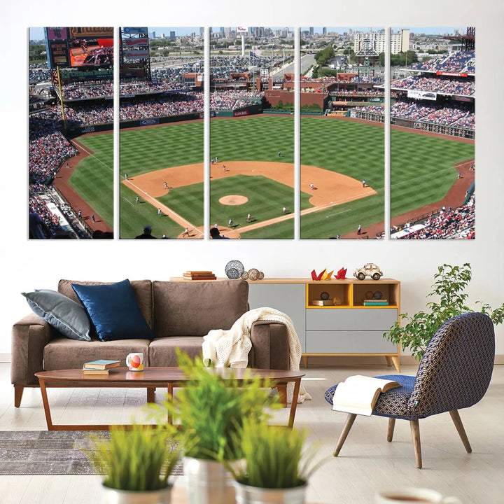 Philadelphia Phillies Baseball Team Print, a canvas print showcasing a stunning panoramic view of Citizens Bank Park stadium filled with enthusiastic fans, is displayed with a gallery-quality finish.