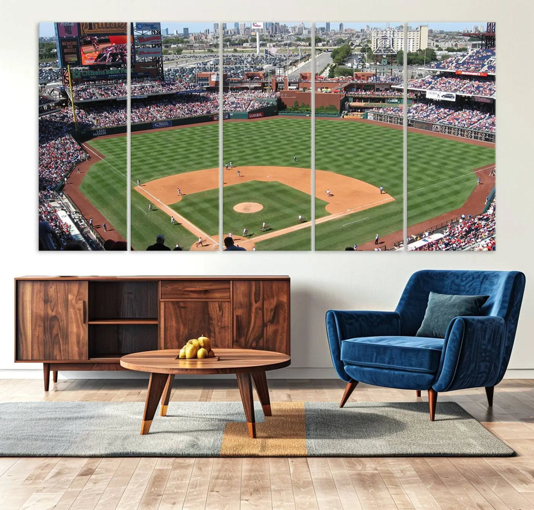 Philadelphia Phillies Baseball Team Print, a canvas print showcasing a stunning panoramic view of Citizens Bank Park stadium filled with enthusiastic fans, is displayed with a gallery-quality finish.