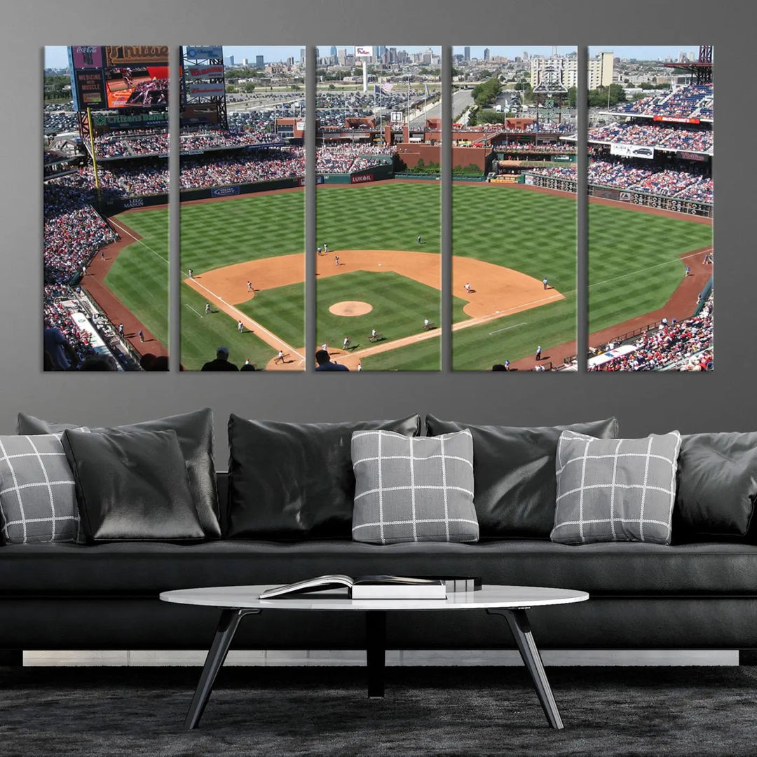 Philadelphia Phillies Baseball Team Print, a canvas print showcasing a stunning panoramic view of Citizens Bank Park stadium filled with enthusiastic fans, is displayed with a gallery-quality finish.