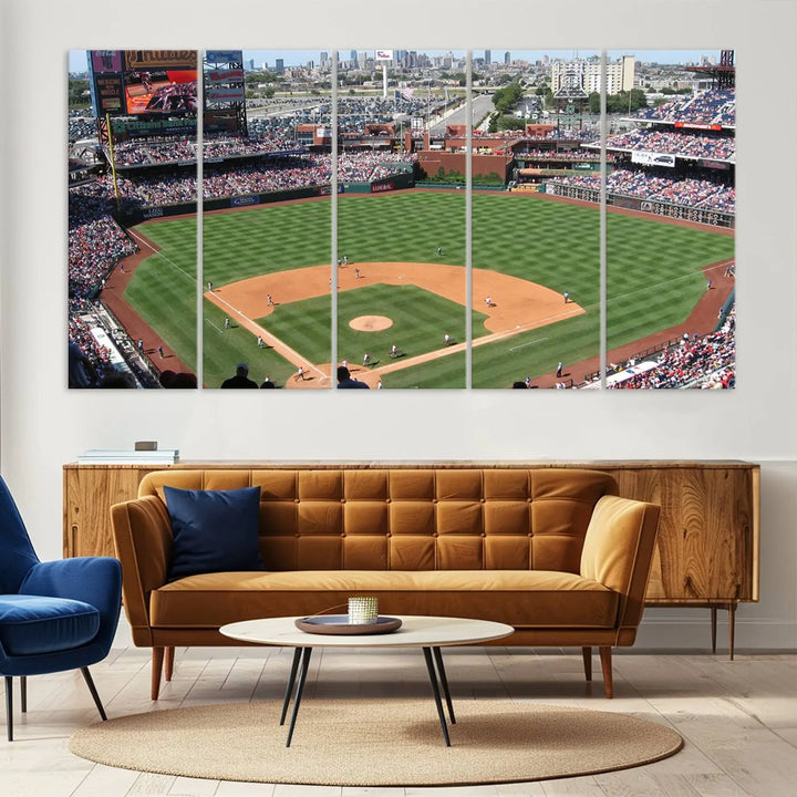 Philadelphia Phillies Baseball Team Print, a canvas print showcasing a stunning panoramic view of Citizens Bank Park stadium filled with enthusiastic fans, is displayed with a gallery-quality finish.