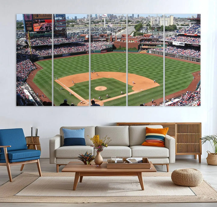 Philadelphia Phillies Baseball Team Print, a canvas print showcasing a stunning panoramic view of Citizens Bank Park stadium filled with enthusiastic fans, is displayed with a gallery-quality finish.