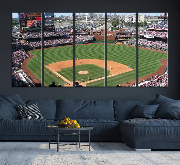 Philadelphia Phillies Baseball Team Print, a canvas print showcasing a stunning panoramic view of Citizens Bank Park stadium filled with enthusiastic fans, is displayed with a gallery-quality finish.