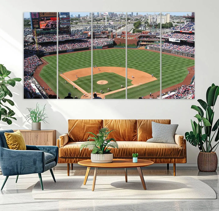 Philadelphia Phillies Baseball Team Print, a canvas print showcasing a stunning panoramic view of Citizens Bank Park stadium filled with enthusiastic fans, is displayed with a gallery-quality finish.