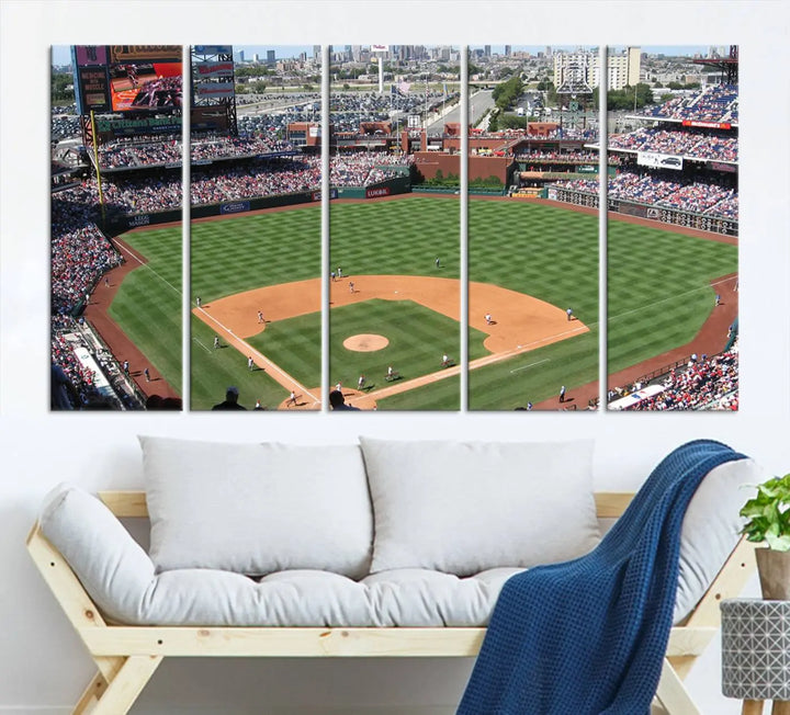 Philadelphia Phillies Baseball Team Print, a canvas print showcasing a stunning panoramic view of Citizens Bank Park stadium filled with enthusiastic fans, is displayed with a gallery-quality finish.