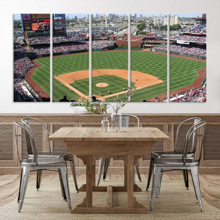 Philadelphia Phillies Baseball Team Print, a canvas print showcasing a stunning panoramic view of Citizens Bank Park stadium filled with enthusiastic fans, is displayed with a gallery-quality finish.