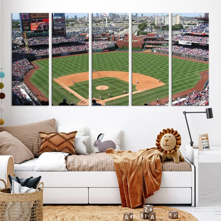 Philadelphia Phillies Baseball Team Print, a canvas print showcasing a stunning panoramic view of Citizens Bank Park stadium filled with enthusiastic fans, is displayed with a gallery-quality finish.