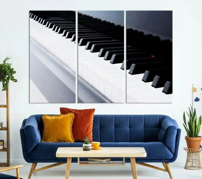 The "Piano Artwork Canvas Wall Art Print," crafted on museum-quality canvas with a UV-protective coating, is displayed in the modern living room.