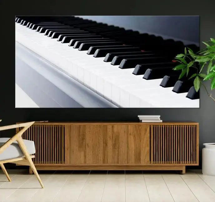 The "Piano Artwork Canvas Wall Art Print," crafted on museum-quality canvas with a UV-protective coating, is displayed in the modern living room.