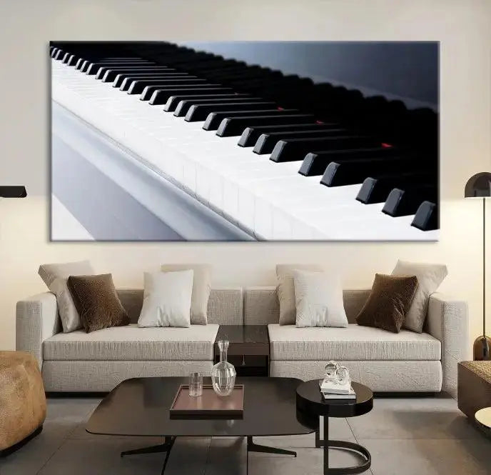 The "Piano Artwork Canvas Wall Art Print," crafted on museum-quality canvas with a UV-protective coating, is displayed in the modern living room.