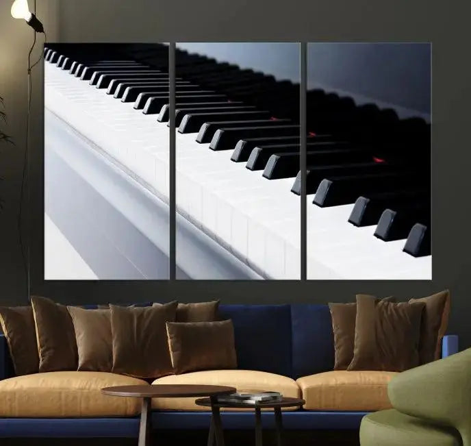 The "Piano Artwork Canvas Wall Art Print," crafted on museum-quality canvas with a UV-protective coating, is displayed in the modern living room.