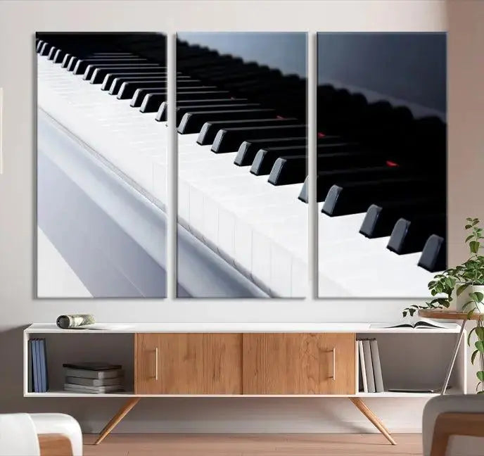 The "Piano Artwork Canvas Wall Art Print," crafted on museum-quality canvas with a UV-protective coating, is displayed in the modern living room.